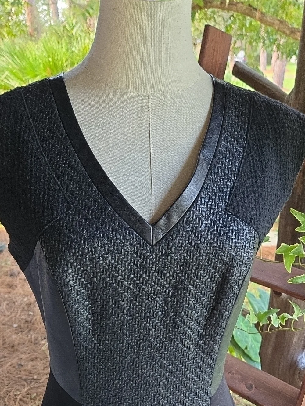 Rebecca Taylor Black Tweed Midi Dress With Lamb Leather Trim Size 6